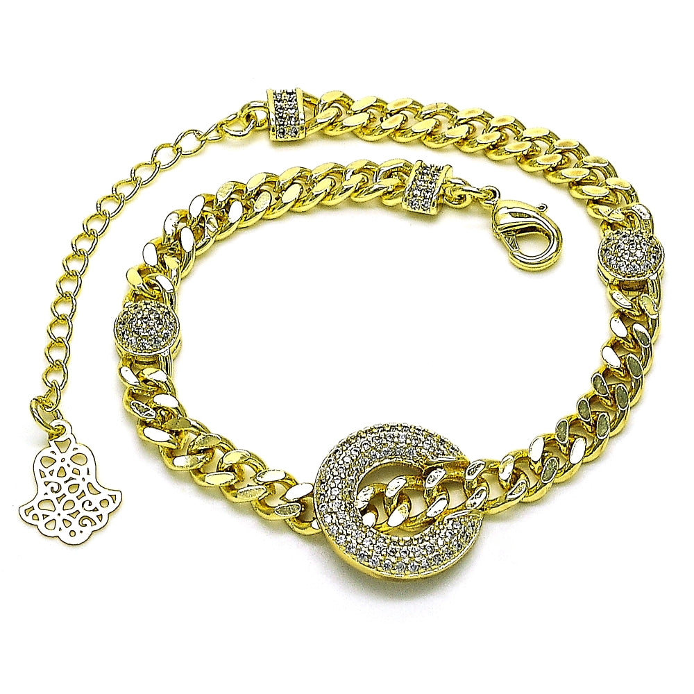 Oro Laminado Fancy Bracelet, Gold Filled Style Miami Cuban Design, with White Micro Pave, Polished, Golden Finish