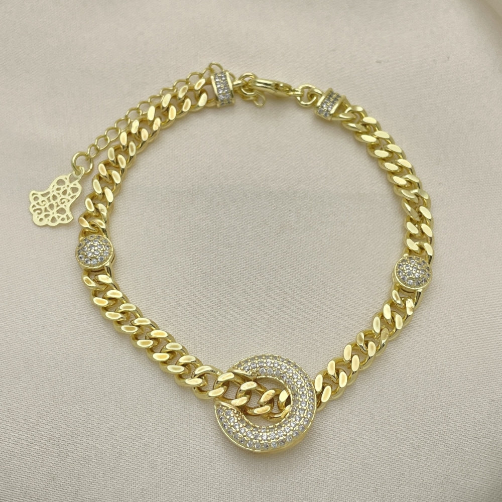 Oro Laminado Fancy Bracelet, Gold Filled Style Miami Cuban Design, with White Micro Pave, Polished, Golden Finish