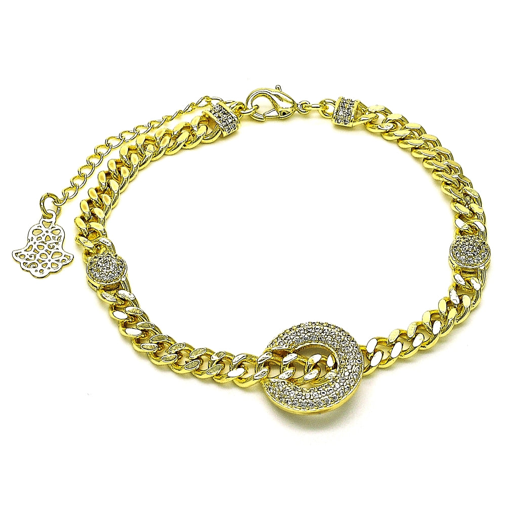 Oro Laminado Fancy Bracelet, Gold Filled Style Miami Cuban Design, with White Micro Pave, Polished, Golden Finish