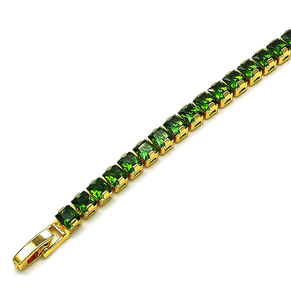 Oro Laminado Tennis Bracelet, Gold Filled Style with Green Cubic Zirconia, Polished, Golden Finish