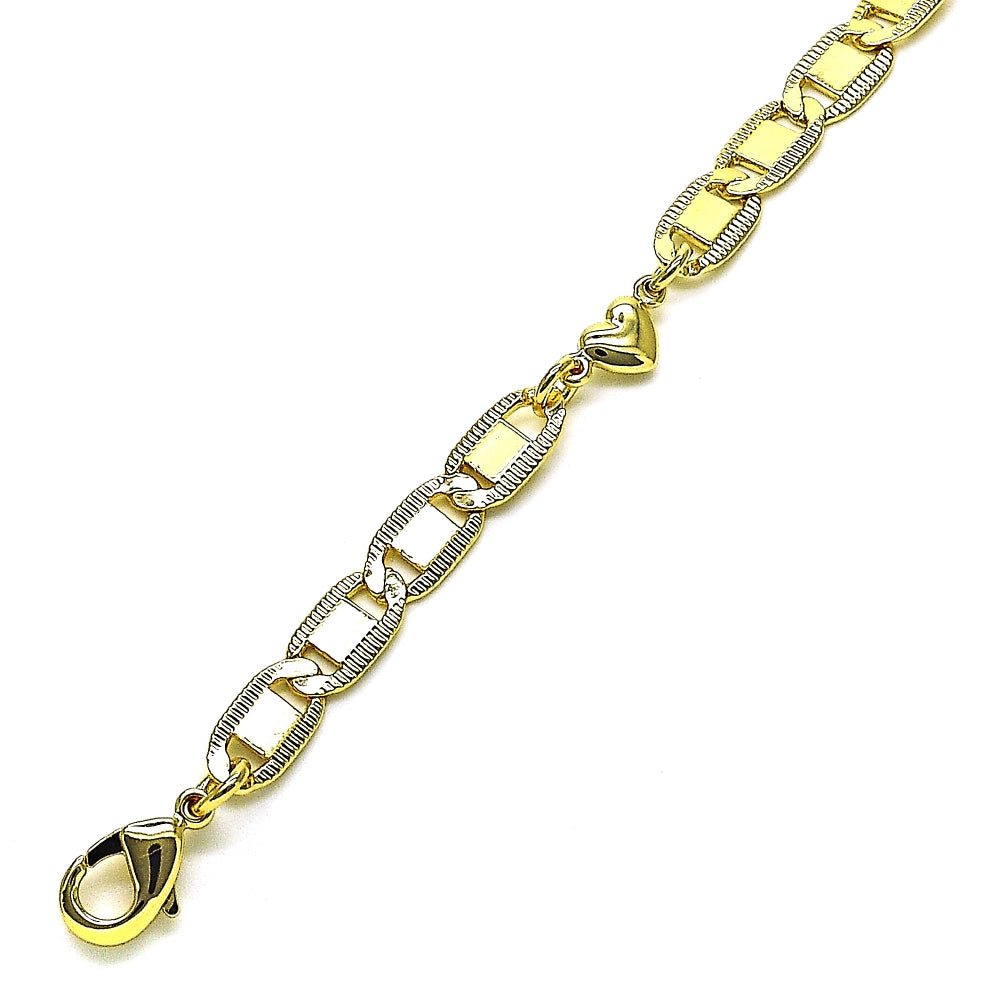 Oro Laminado Fancy Bracelet, Gold Filled Style Heart and Mariner Design, Polished, Golden Finish
