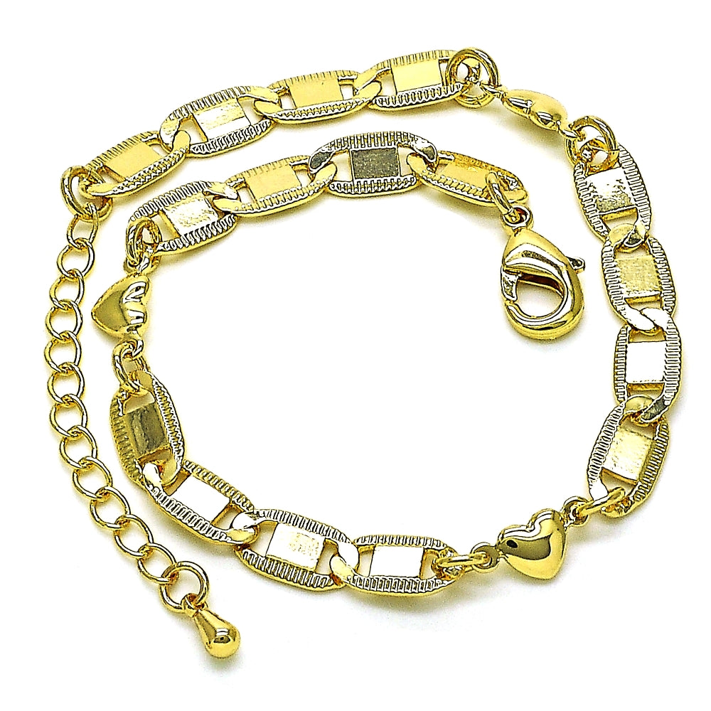 Oro Laminado Fancy Bracelet, Gold Filled Style Heart and Mariner Design, Polished, Golden Finish