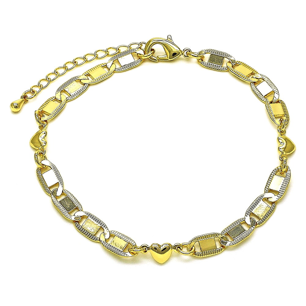 Oro Laminado Fancy Bracelet, Gold Filled Style Heart and Mariner Design, Polished, Golden Finish