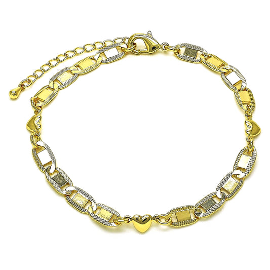 Oro Laminado Fancy Bracelet, Gold Filled Style Heart and Mariner Design, Polished, Golden Finish