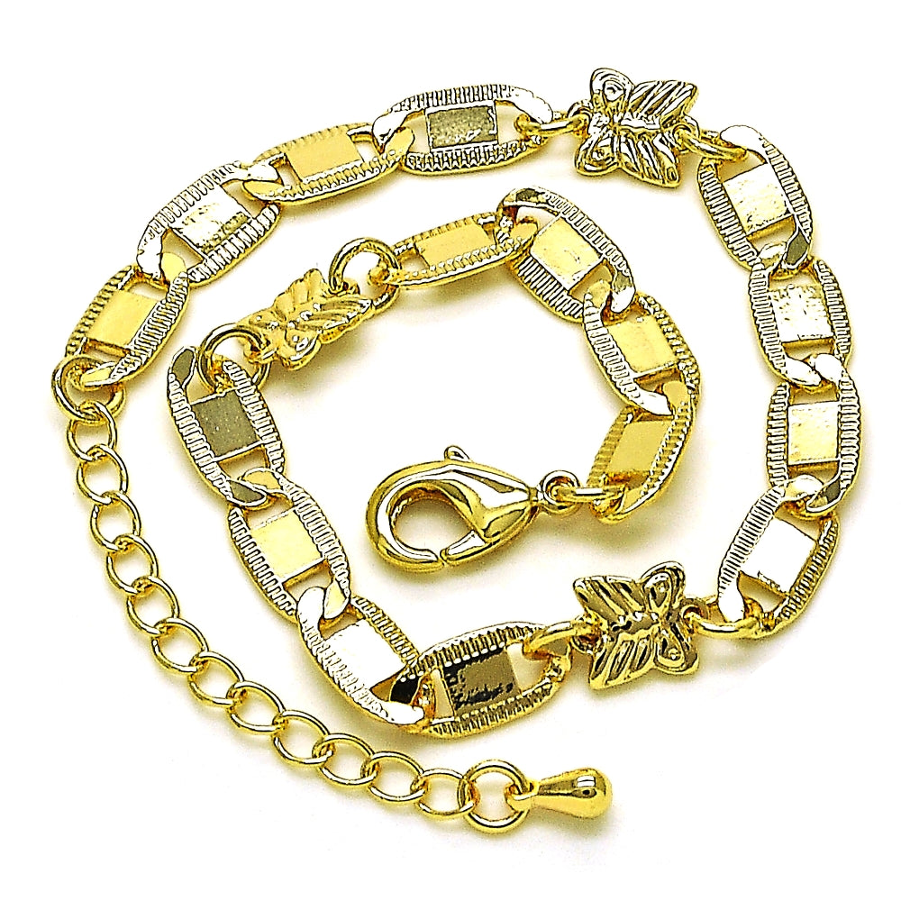 Oro Laminado Fancy Bracelet, Gold Filled Style Butterfly and Mariner Design, Polished, Golden Finish
