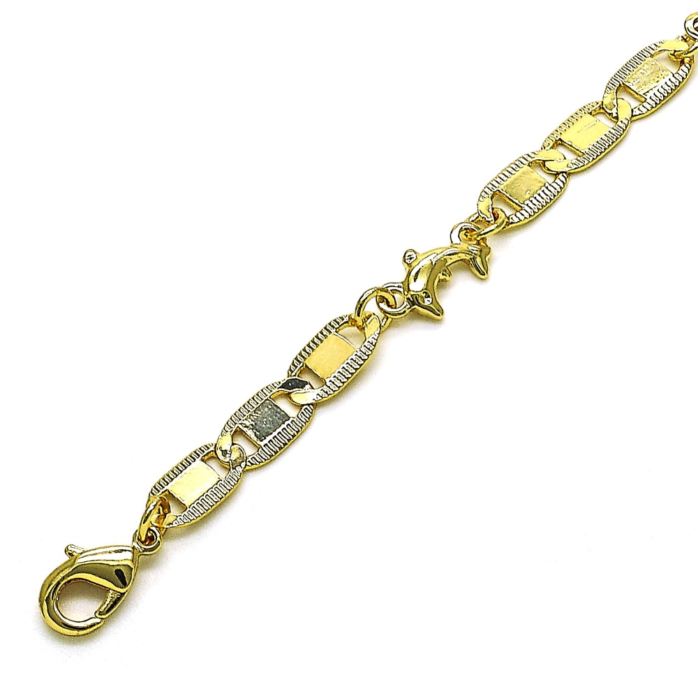 Oro Laminado Fancy Bracelet, Gold Filled Style Dolphin and Mariner Design, Polished, Golden Finish
