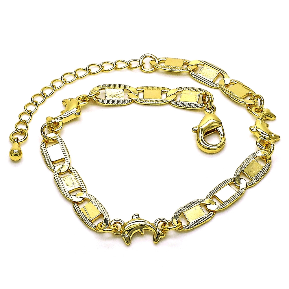 Oro Laminado Fancy Bracelet, Gold Filled Style Dolphin and Mariner Design, Polished, Golden Finish