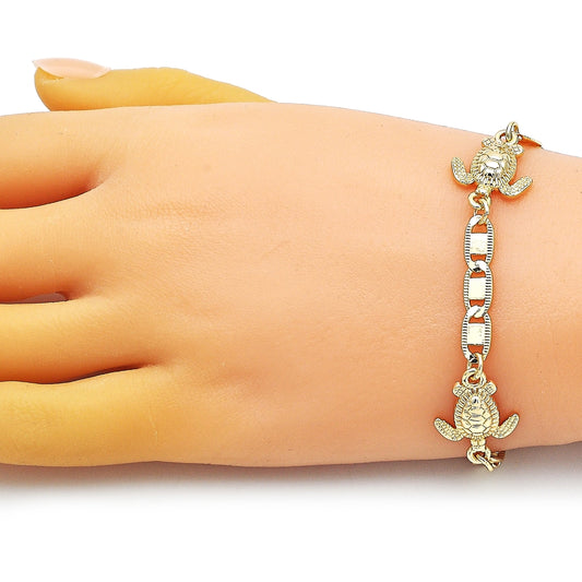 Oro Laminado Fancy Bracelet, Gold Filled Style Turtle and Mariner Design, Polished, Golden Finish