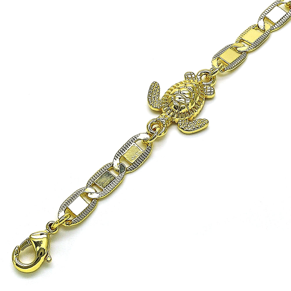 Oro Laminado Fancy Bracelet, Gold Filled Style Turtle and Mariner Design, Polished, Golden Finish
