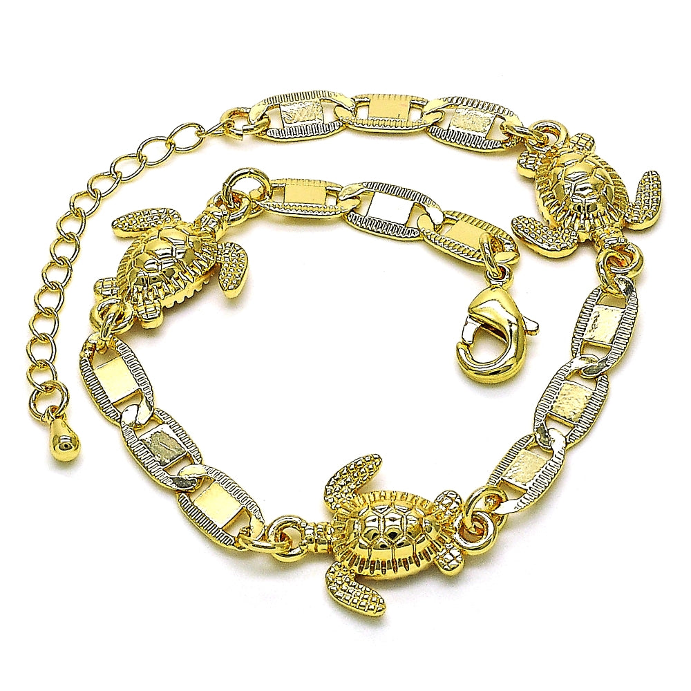 Oro Laminado Fancy Bracelet, Gold Filled Style Turtle and Mariner Design, Polished, Golden Finish