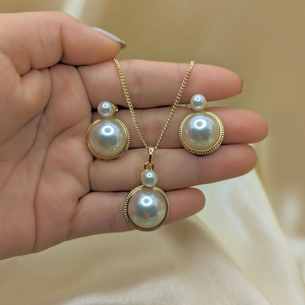 Oro Laminado Earring and Pendant Adult Set, Gold Filled Style with Ivory Pearl, Polished, Golden Finish