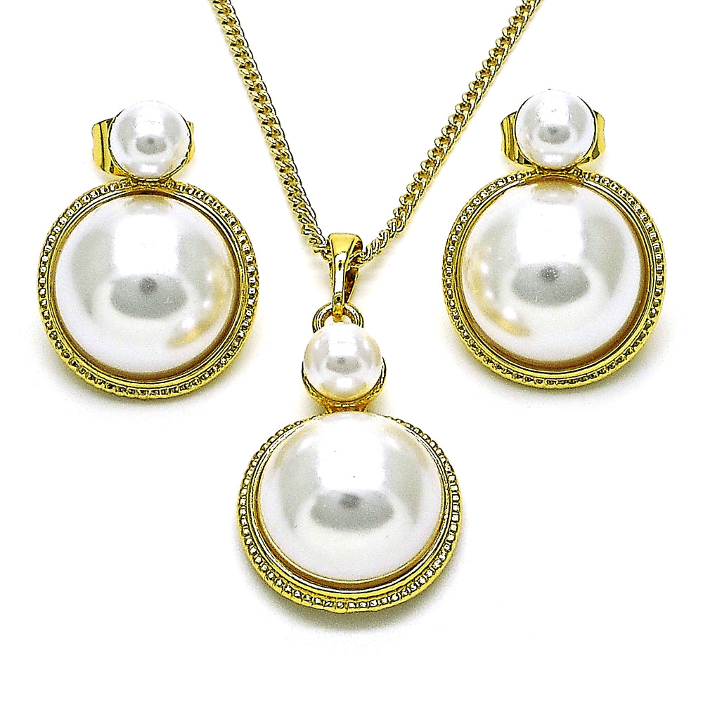 Oro Laminado Earring and Pendant Adult Set, Gold Filled Style with Ivory Pearl, Polished, Golden Finish