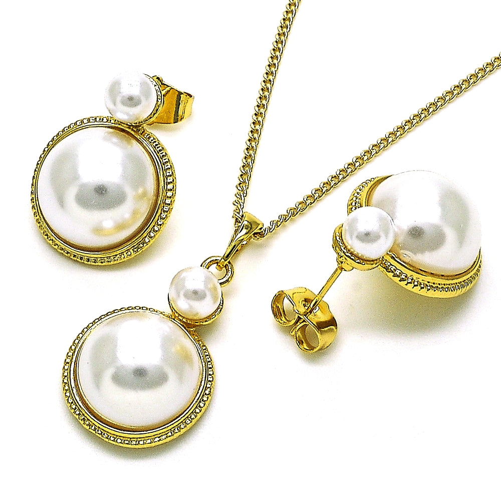 Oro Laminado Earring and Pendant Adult Set, Gold Filled Style with Ivory Pearl, Polished, Golden Finish