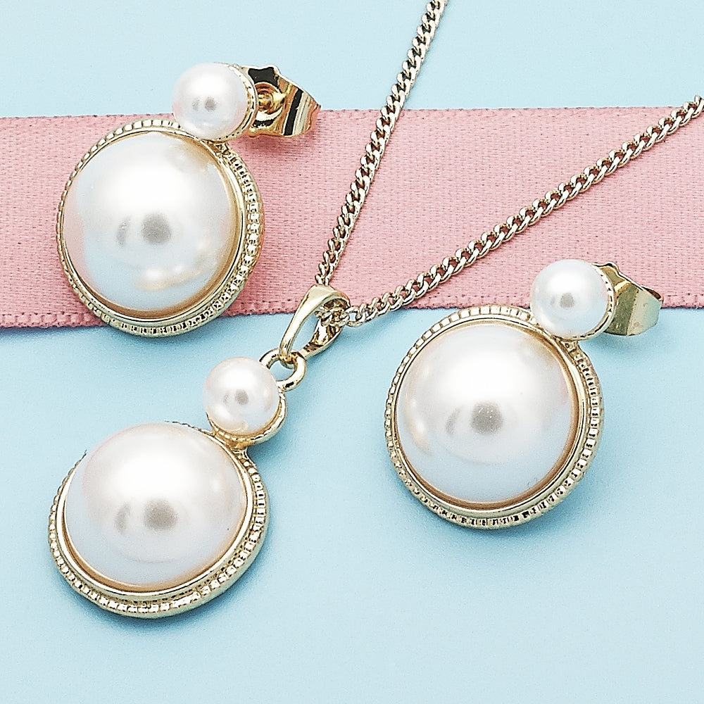 Oro Laminado Earring and Pendant Adult Set, Gold Filled Style with Ivory Pearl, Polished, Golden Finish