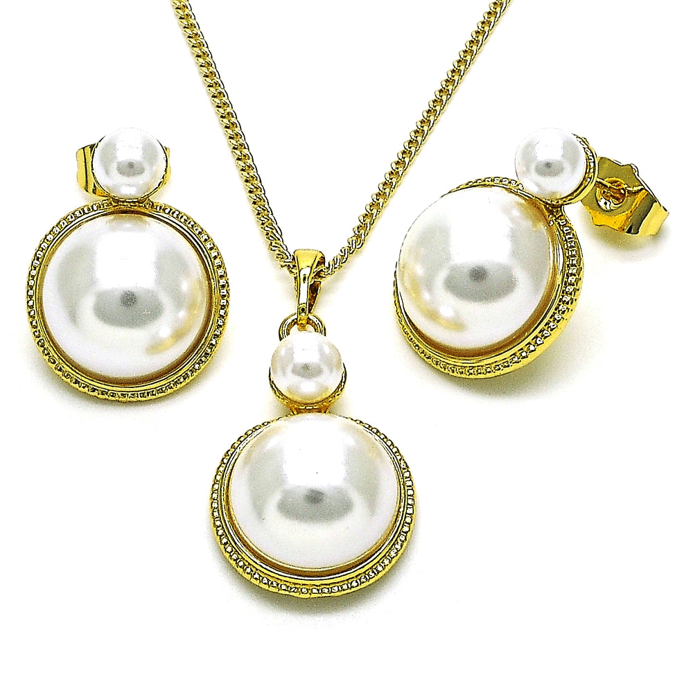 Oro Laminado Earring and Pendant Adult Set, Gold Filled Style with Ivory Pearl, Polished, Golden Finish