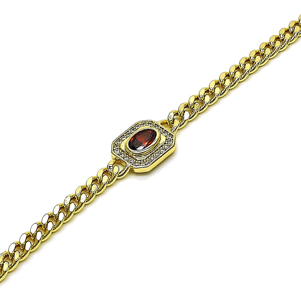 Oro Laminado Fancy Bracelet, Gold Filled Style Miami Cuban Design, with Garnet Cubic Zirconia and White Micro Pave, Polished, Golden Finish