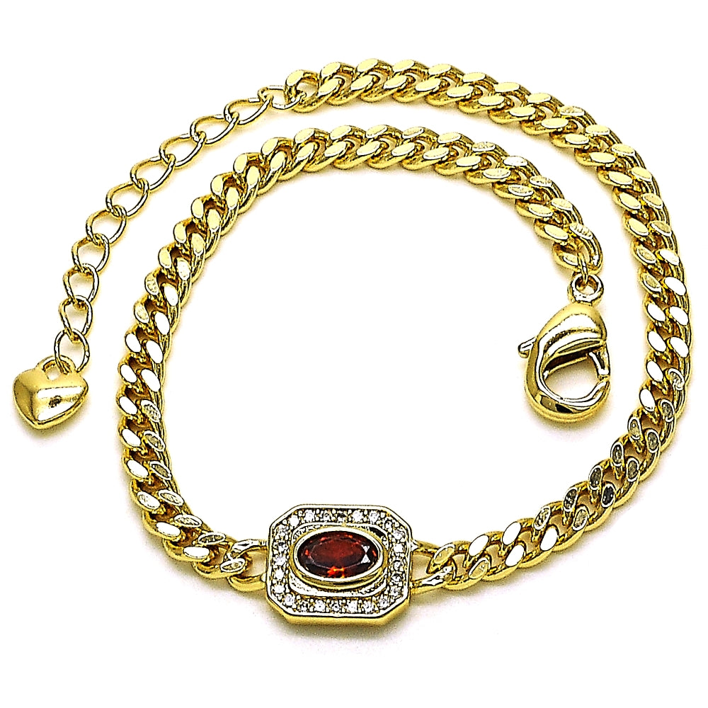 Oro Laminado Fancy Bracelet, Gold Filled Style Miami Cuban Design, with Garnet Cubic Zirconia and White Micro Pave, Polished, Golden Finish