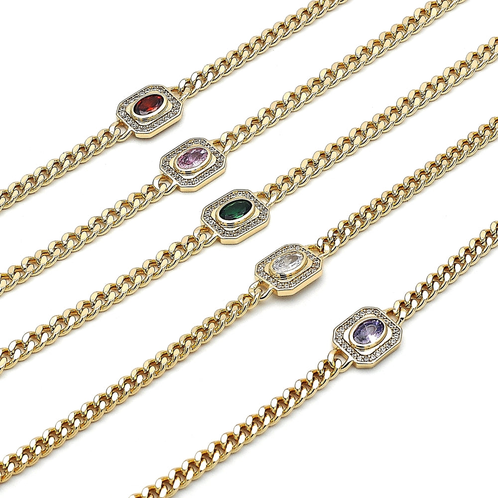 Oro Laminado Fancy Bracelet, Gold Filled Style Miami Cuban Design, with Garnet Cubic Zirconia and White Micro Pave, Polished, Golden Finish