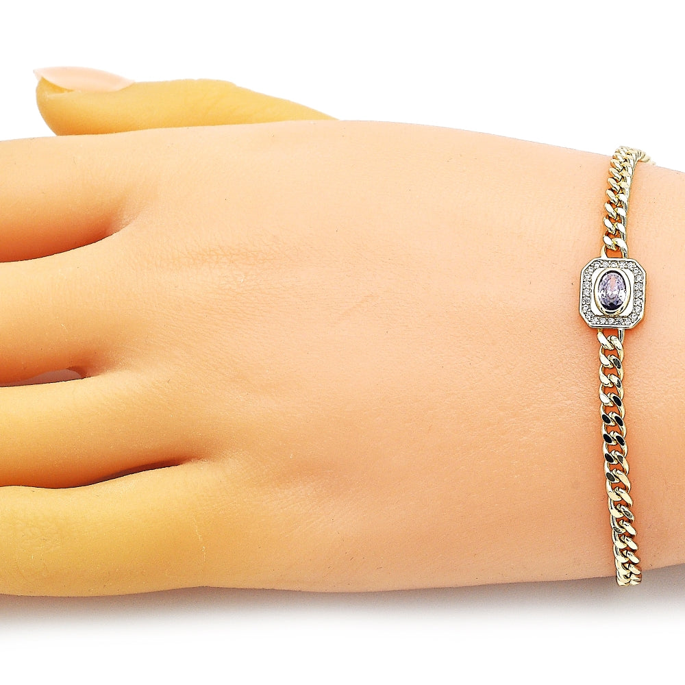 Oro Laminado Fancy Bracelet, Gold Filled Style Miami Cuban Design, with Amethyst Cubic Zirconia and White Micro Pave, Polished, Golden Finish