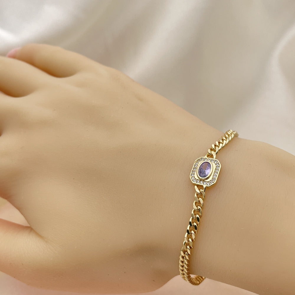 Oro Laminado Fancy Bracelet, Gold Filled Style Miami Cuban Design, with Amethyst Cubic Zirconia and White Micro Pave, Polished, Golden Finish