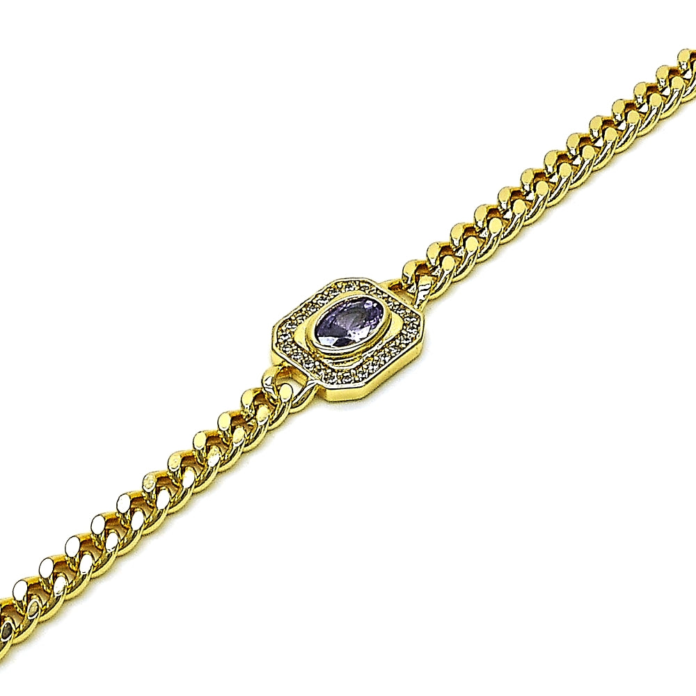 Oro Laminado Fancy Bracelet, Gold Filled Style Miami Cuban Design, with Amethyst Cubic Zirconia and White Micro Pave, Polished, Golden Finish