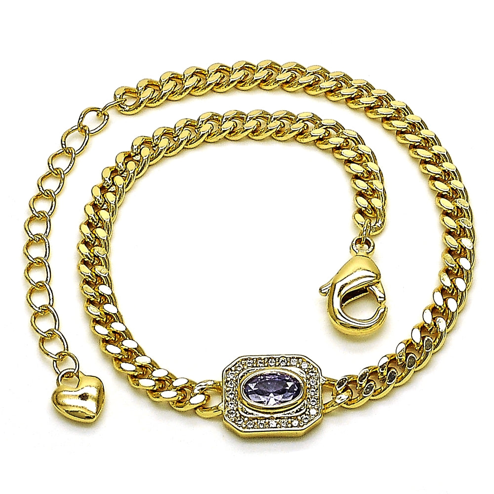 Oro Laminado Fancy Bracelet, Gold Filled Style Miami Cuban Design, with Amethyst Cubic Zirconia and White Micro Pave, Polished, Golden Finish