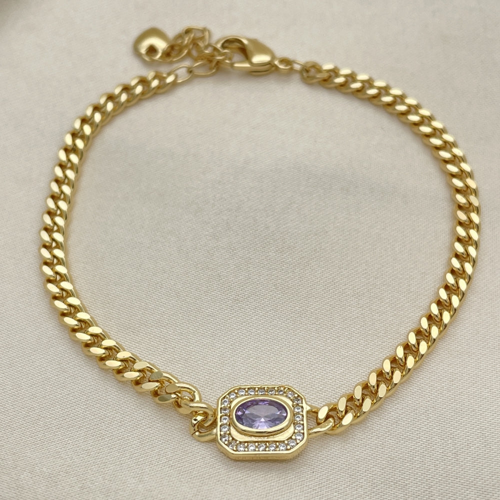 Oro Laminado Fancy Bracelet, Gold Filled Style Miami Cuban Design, with Amethyst Cubic Zirconia and White Micro Pave, Polished, Golden Finish