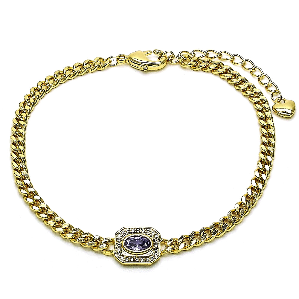 Oro Laminado Fancy Bracelet, Gold Filled Style Miami Cuban Design, with Amethyst Cubic Zirconia and White Micro Pave, Polished, Golden Finish