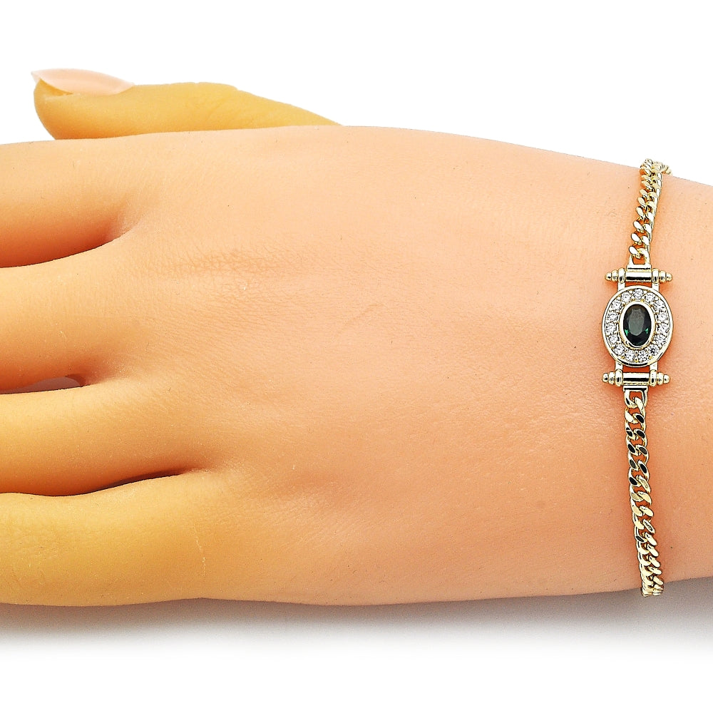 Oro Laminado Fancy Bracelet, Gold Filled Style Miami Cuban Design, with Green Cubic Zirconia and White Micro Pave, Polished, Golden Finish