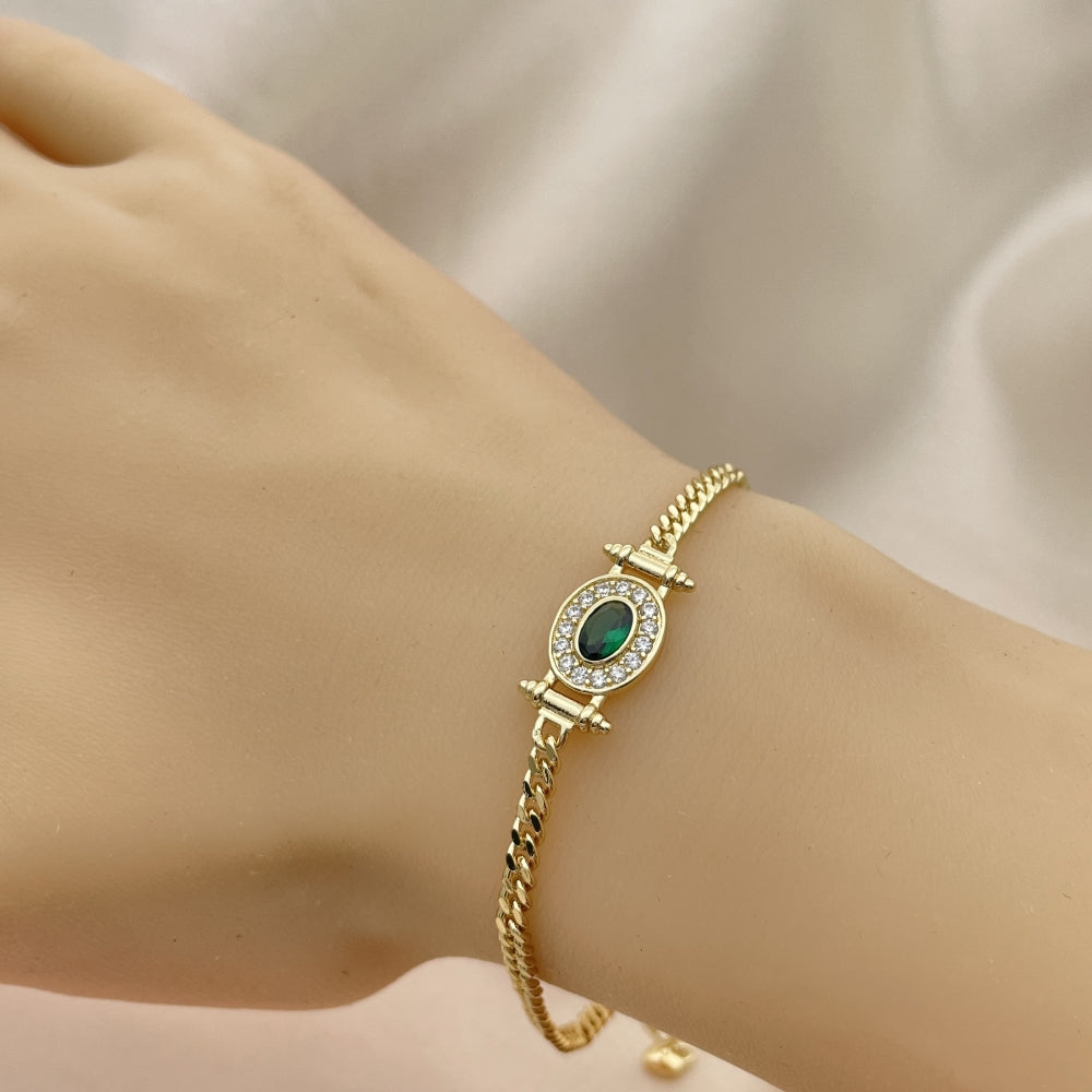 Oro Laminado Fancy Bracelet, Gold Filled Style Miami Cuban Design, with Green Cubic Zirconia and White Micro Pave, Polished, Golden Finish