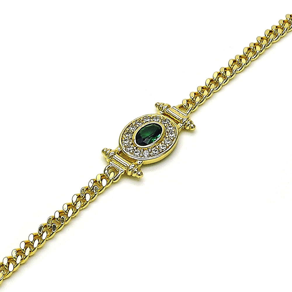 Oro Laminado Fancy Bracelet, Gold Filled Style Miami Cuban Design, with Green Cubic Zirconia and White Micro Pave, Polished, Golden Finish