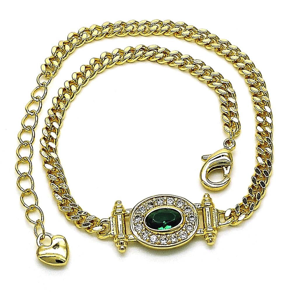 Oro Laminado Fancy Bracelet, Gold Filled Style Miami Cuban Design, with Green Cubic Zirconia and White Micro Pave, Polished, Golden Finish