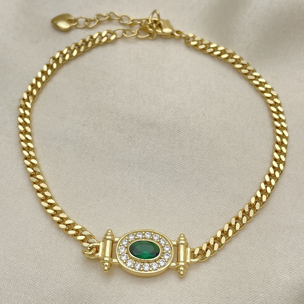 Oro Laminado Fancy Bracelet, Gold Filled Style Miami Cuban Design, with Green Cubic Zirconia and White Micro Pave, Polished, Golden Finish