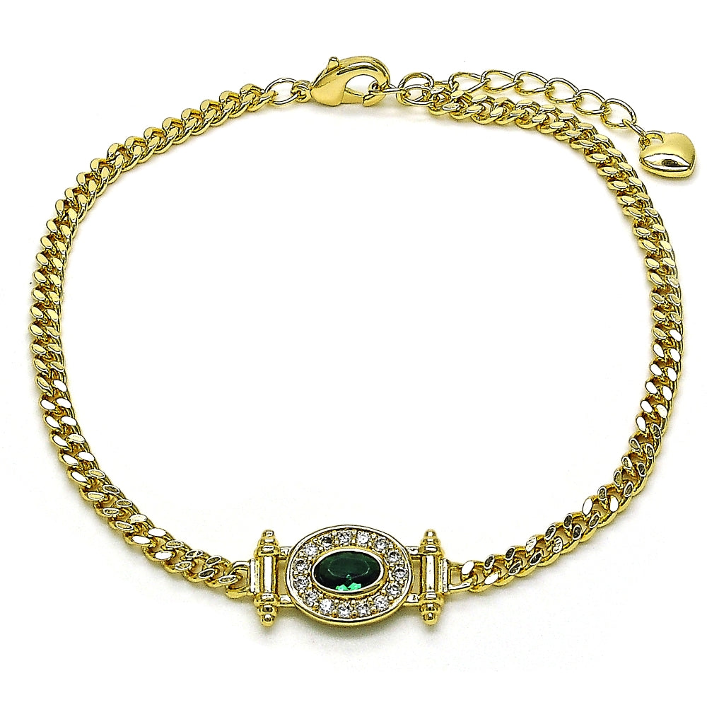 Oro Laminado Fancy Bracelet, Gold Filled Style Miami Cuban Design, with Green Cubic Zirconia and White Micro Pave, Polished, Golden Finish