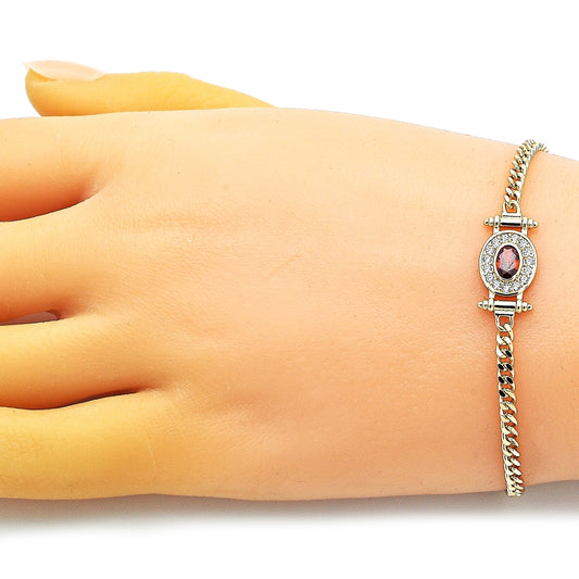 Oro Laminado Fancy Bracelet, Gold Filled Style Miami Cuban Design, with Garnet Cubic Zirconia and White Micro Pave, Polished, Golden Finish