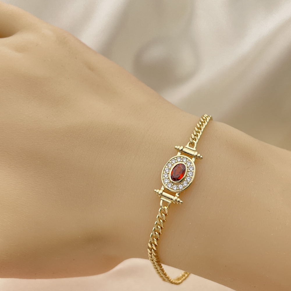 Oro Laminado Fancy Bracelet, Gold Filled Style Miami Cuban Design, with Garnet Cubic Zirconia and White Micro Pave, Polished, Golden Finish