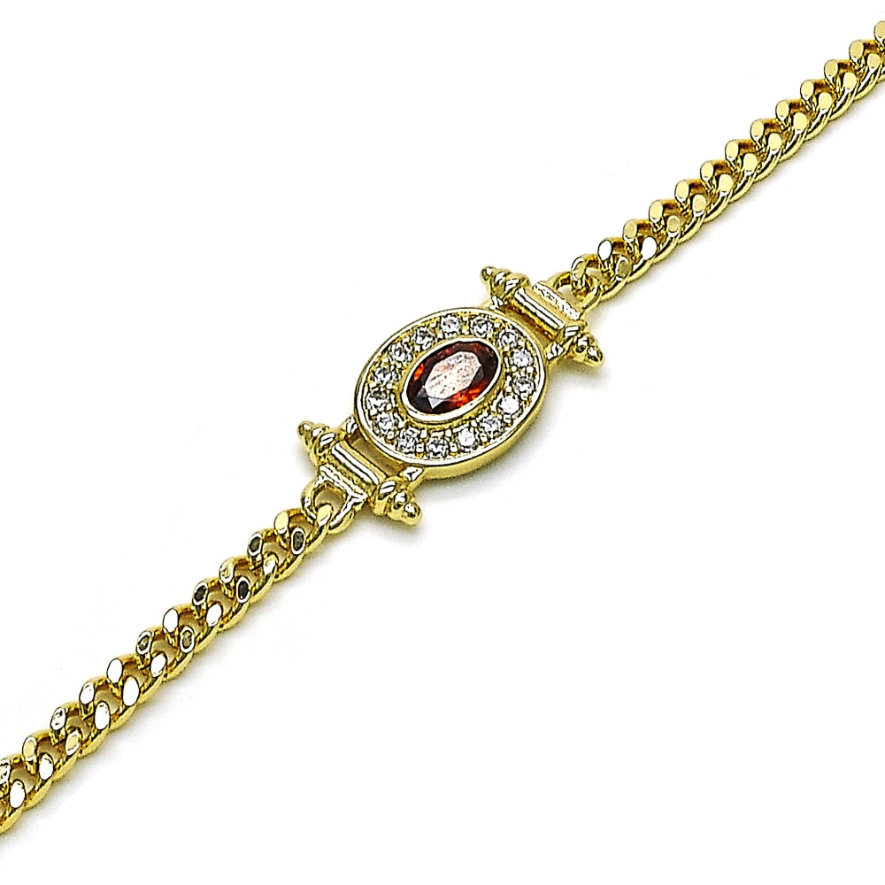 Oro Laminado Fancy Bracelet, Gold Filled Style Miami Cuban Design, with Garnet Cubic Zirconia and White Micro Pave, Polished, Golden Finish