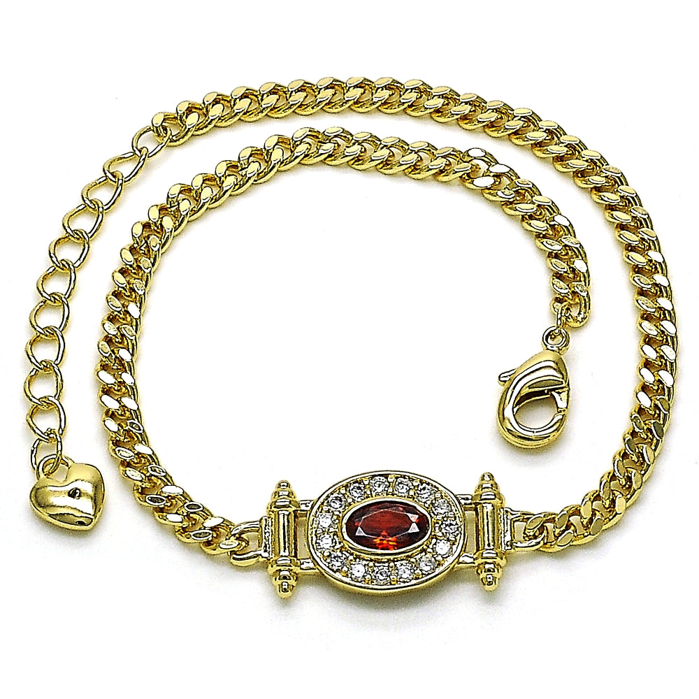Oro Laminado Fancy Bracelet, Gold Filled Style Miami Cuban Design, with Garnet Cubic Zirconia and White Micro Pave, Polished, Golden Finish
