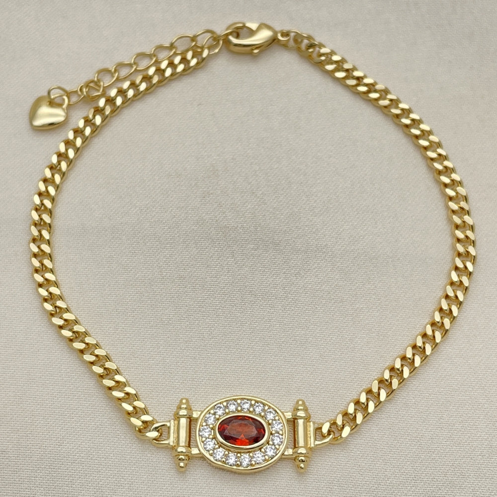Oro Laminado Fancy Bracelet, Gold Filled Style Miami Cuban Design, with Garnet Cubic Zirconia and White Micro Pave, Polished, Golden Finish