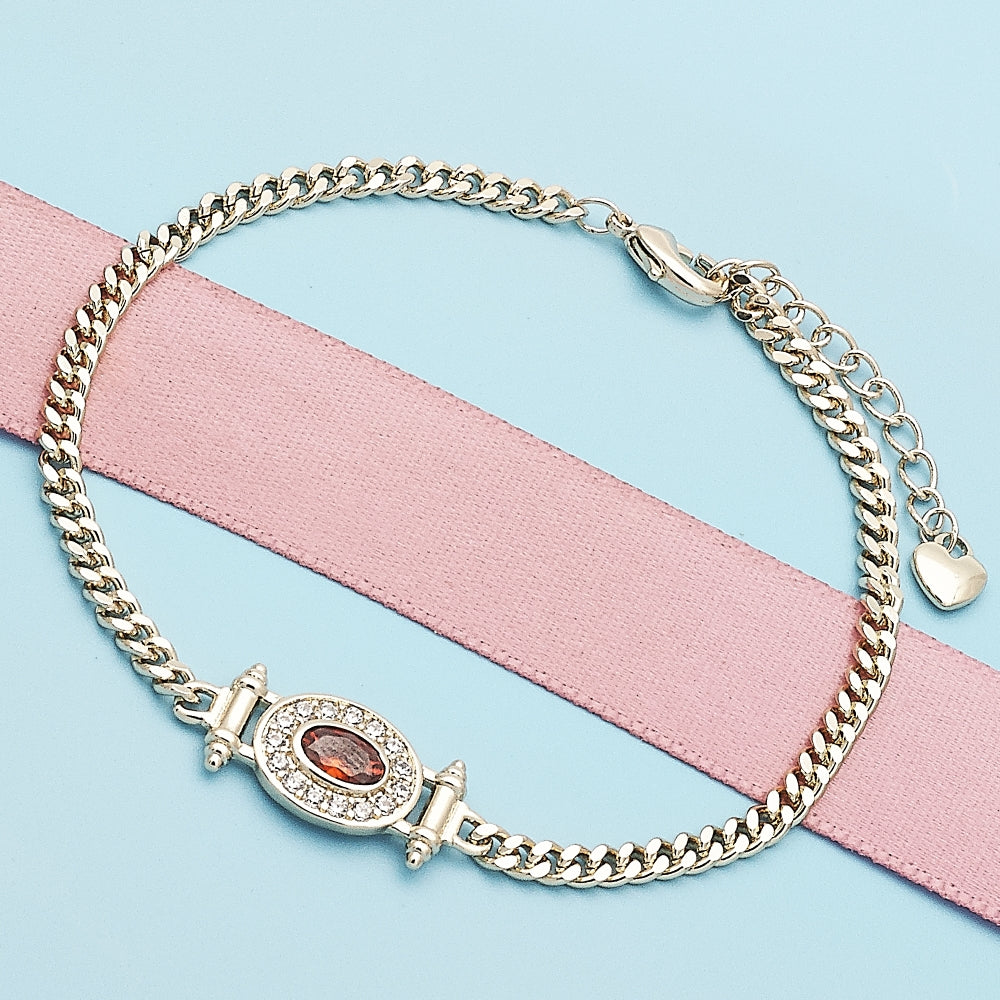 Oro Laminado Fancy Bracelet, Gold Filled Style Miami Cuban Design, with Garnet Cubic Zirconia and White Micro Pave, Polished, Golden Finish