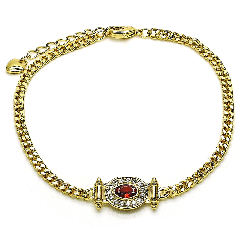 Oro Laminado Fancy Bracelet, Gold Filled Style Miami Cuban Design, with Garnet Cubic Zirconia and White Micro Pave, Polished, Golden Finish