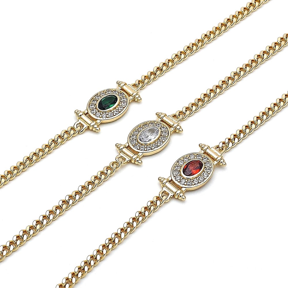 Oro Laminado Fancy Bracelet, Gold Filled Style Miami Cuban Design, with Garnet Cubic Zirconia and White Micro Pave, Polished, Golden Finish