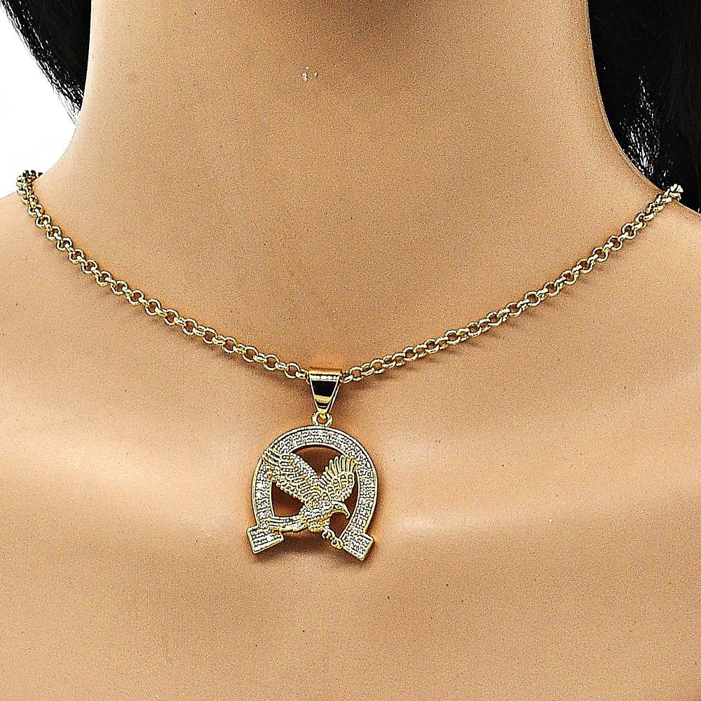 Oro Laminado Fancy Pendant, Gold Filled Style Eagle Design, with White Micro Pave, Polished, Golden Finish