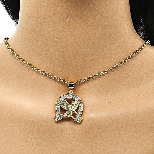 Oro Laminado Fancy Pendant, Gold Filled Style Eagle Design, with White Micro Pave, Polished, Golden Finish