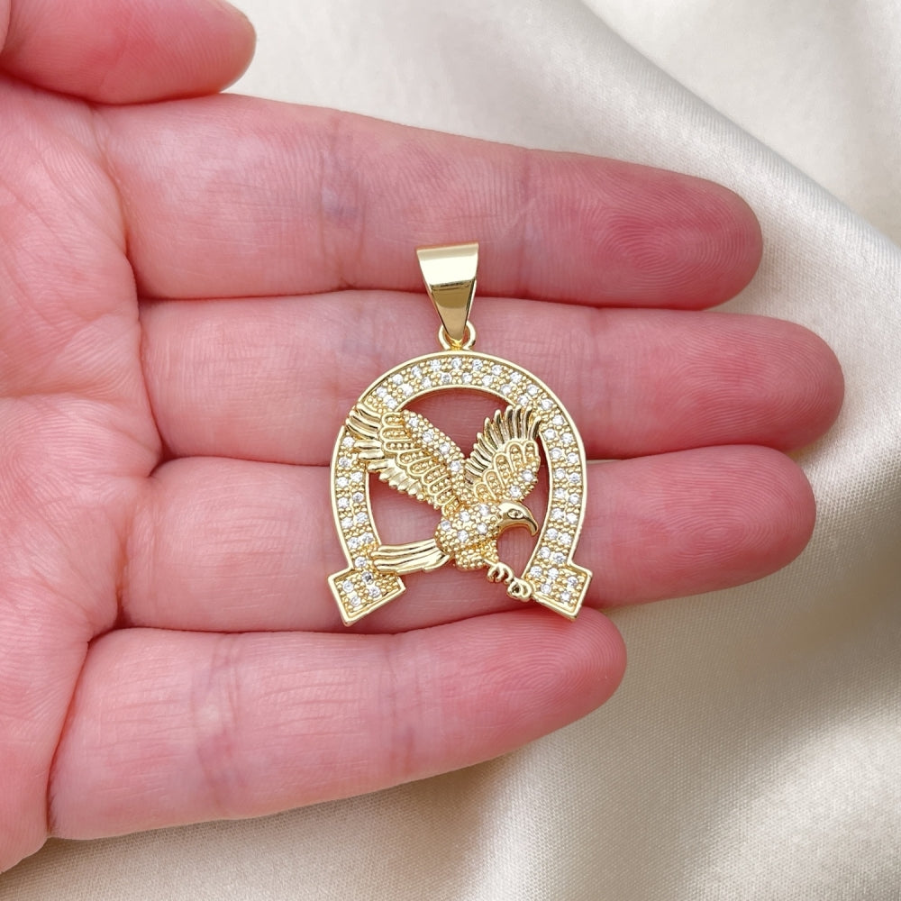 Oro Laminado Fancy Pendant, Gold Filled Style Eagle Design, with White Micro Pave, Polished, Golden Finish