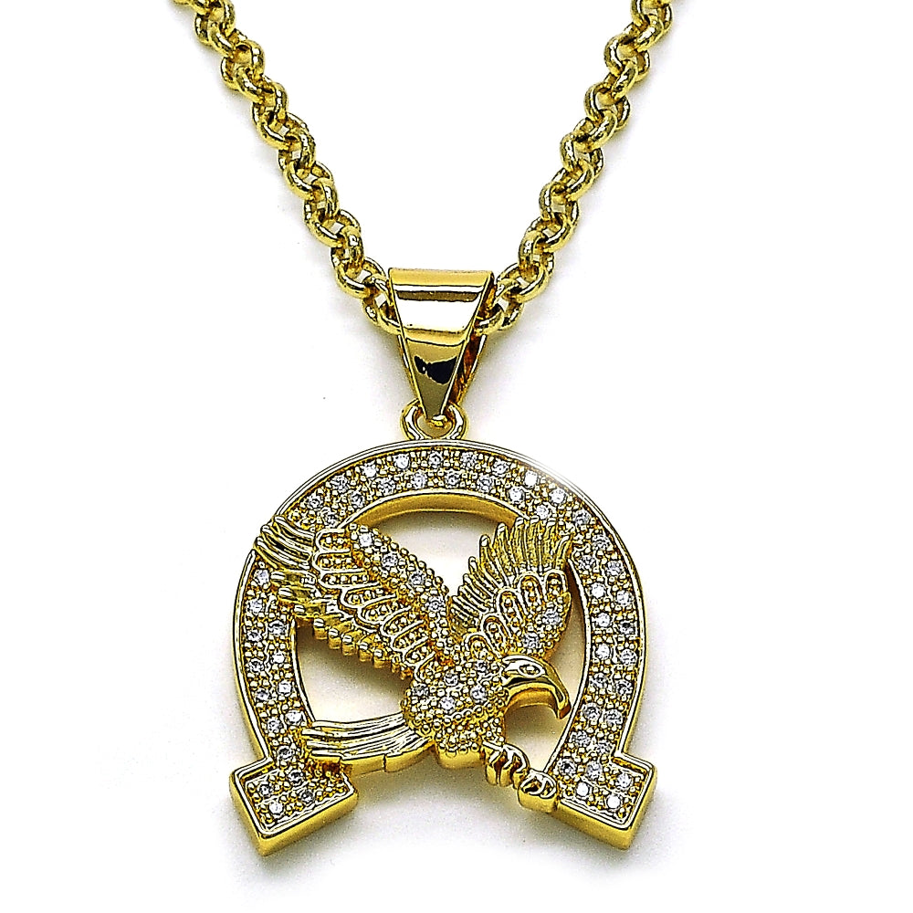 Oro Laminado Fancy Pendant, Gold Filled Style Eagle Design, with White Micro Pave, Polished, Golden Finish