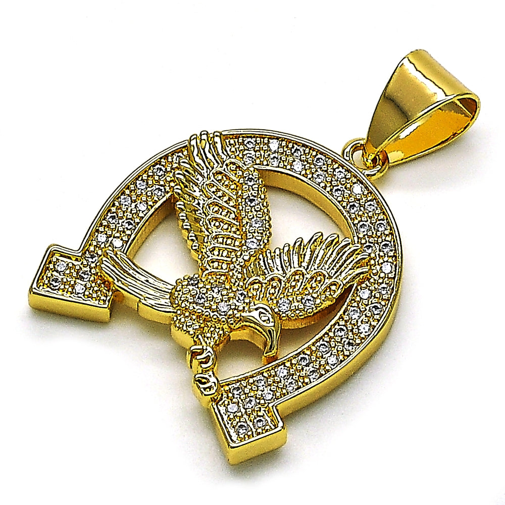 Oro Laminado Fancy Pendant, Gold Filled Style Eagle Design, with White Micro Pave, Polished, Golden Finish