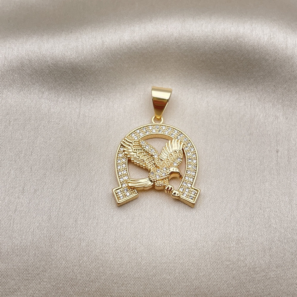 Oro Laminado Fancy Pendant, Gold Filled Style Eagle Design, with White Micro Pave, Polished, Golden Finish
