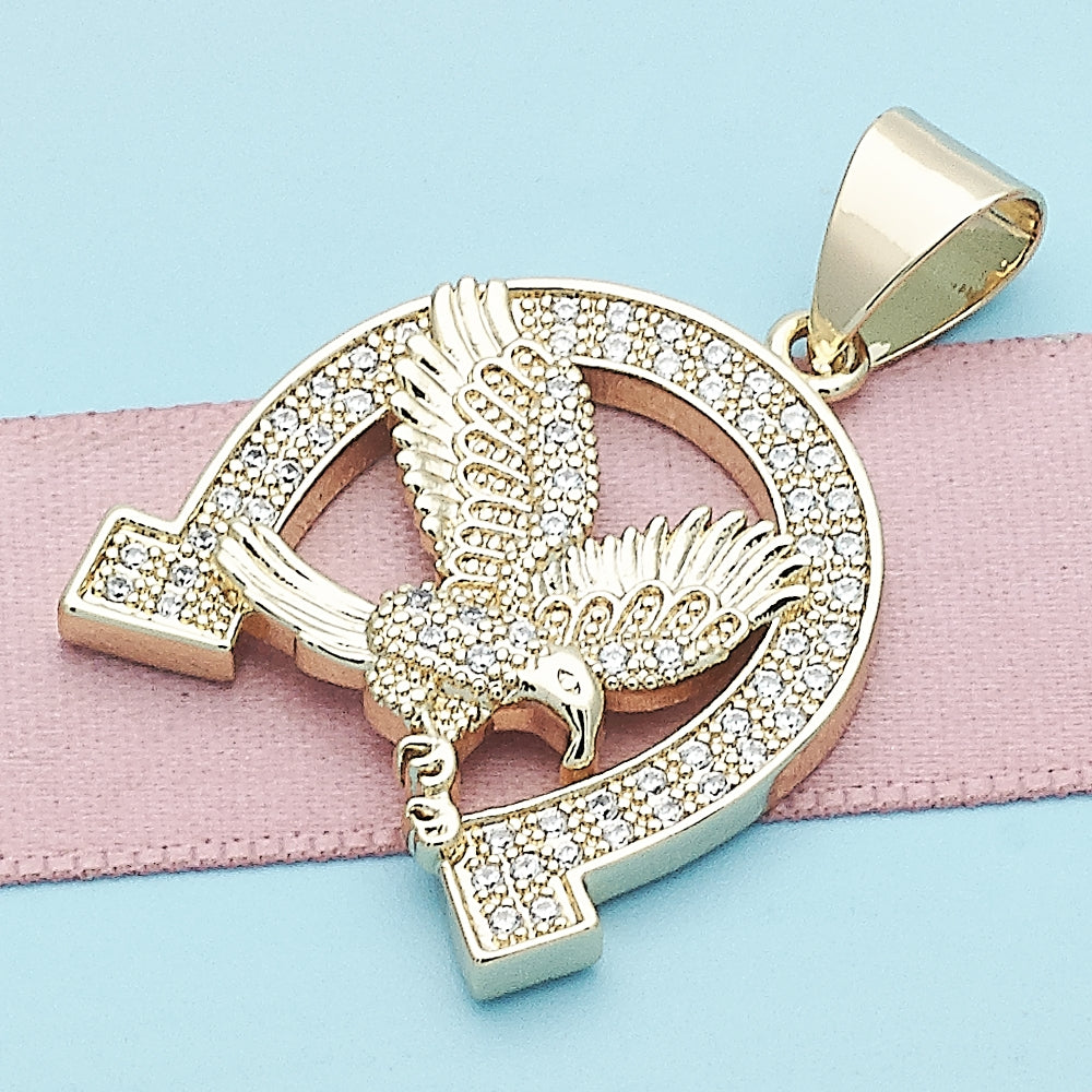 Oro Laminado Fancy Pendant, Gold Filled Style Eagle Design, with White Micro Pave, Polished, Golden Finish