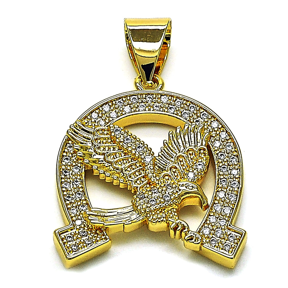 Oro Laminado Fancy Pendant, Gold Filled Style Eagle Design, with White Micro Pave, Polished, Golden Finish